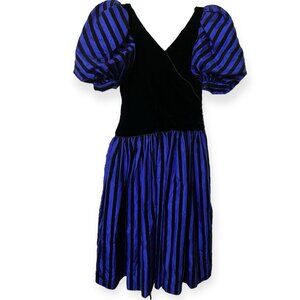 Lalique Hildegard Sausik Gown Midi Dress Womens 10 Blue Black Stripe Costume